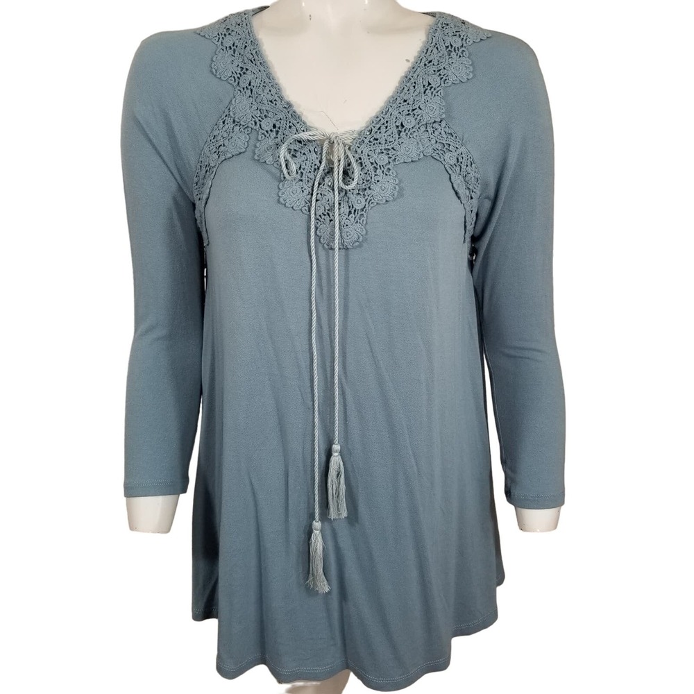 Annabelle Blue Crochet Lace Tie Front Tassel Long Sleeve Top Small